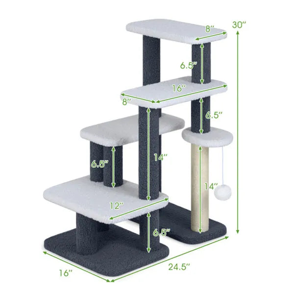 2-in-1 Cat Stairs & Tree With Sisal Scratching Post, 4 Levels Pet